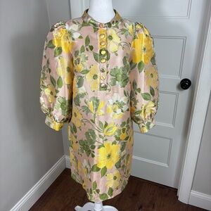 Tuckernuck Pink Floral Brocade Puff-Sleeve Dress with Yellow & Green Accents